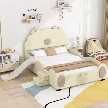 Beige Upholstered Kids Bed with Slide & LED Glow