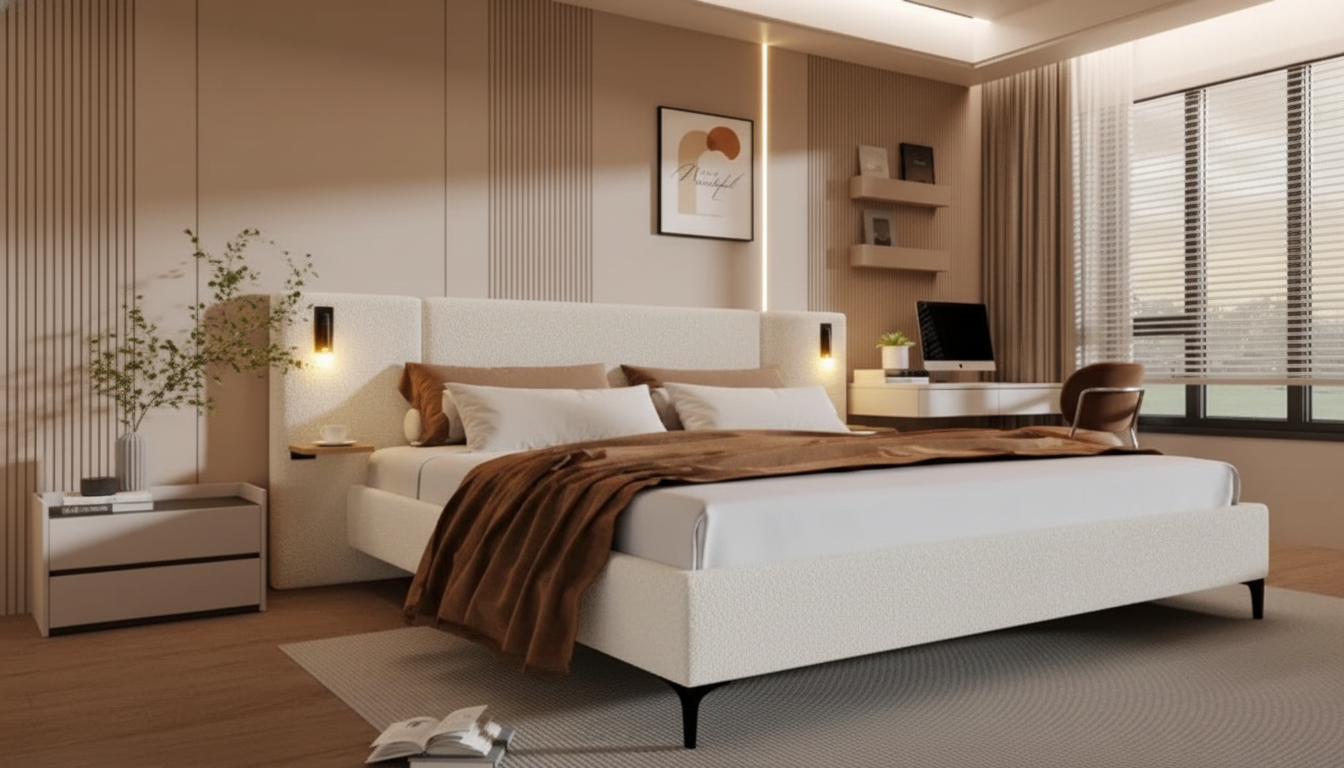 Boucle Upholstered Bed Frame with Storage & LED Glow