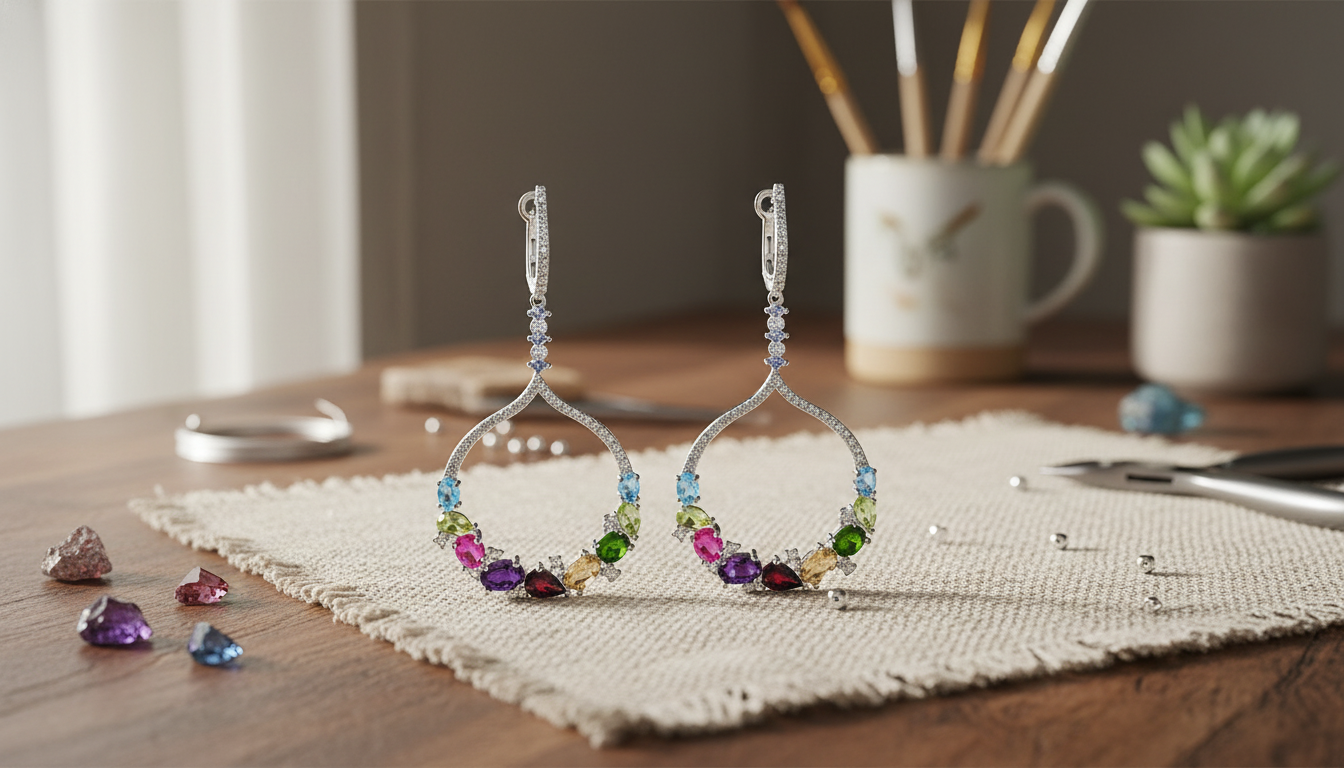 Handmade Rainbow Gemstone Dangle Earrings in 925 Silver