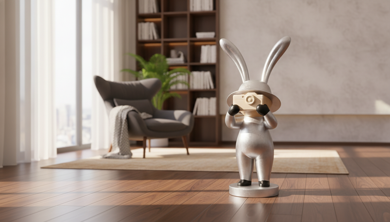Camera Rabbit Floor Sculpture: Vintage Lens Floor Décor