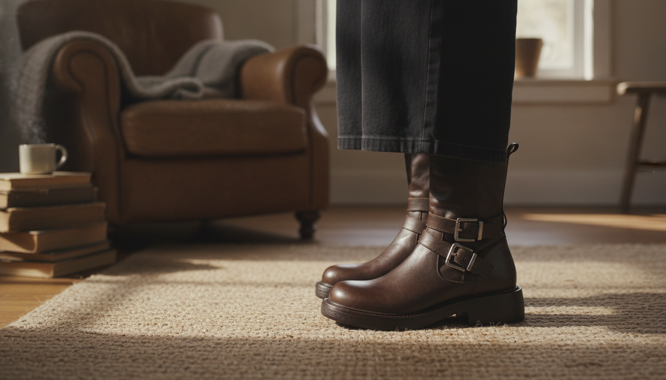 Genuine Leather Buckle Ankle Boots: Chunky Mid Heel