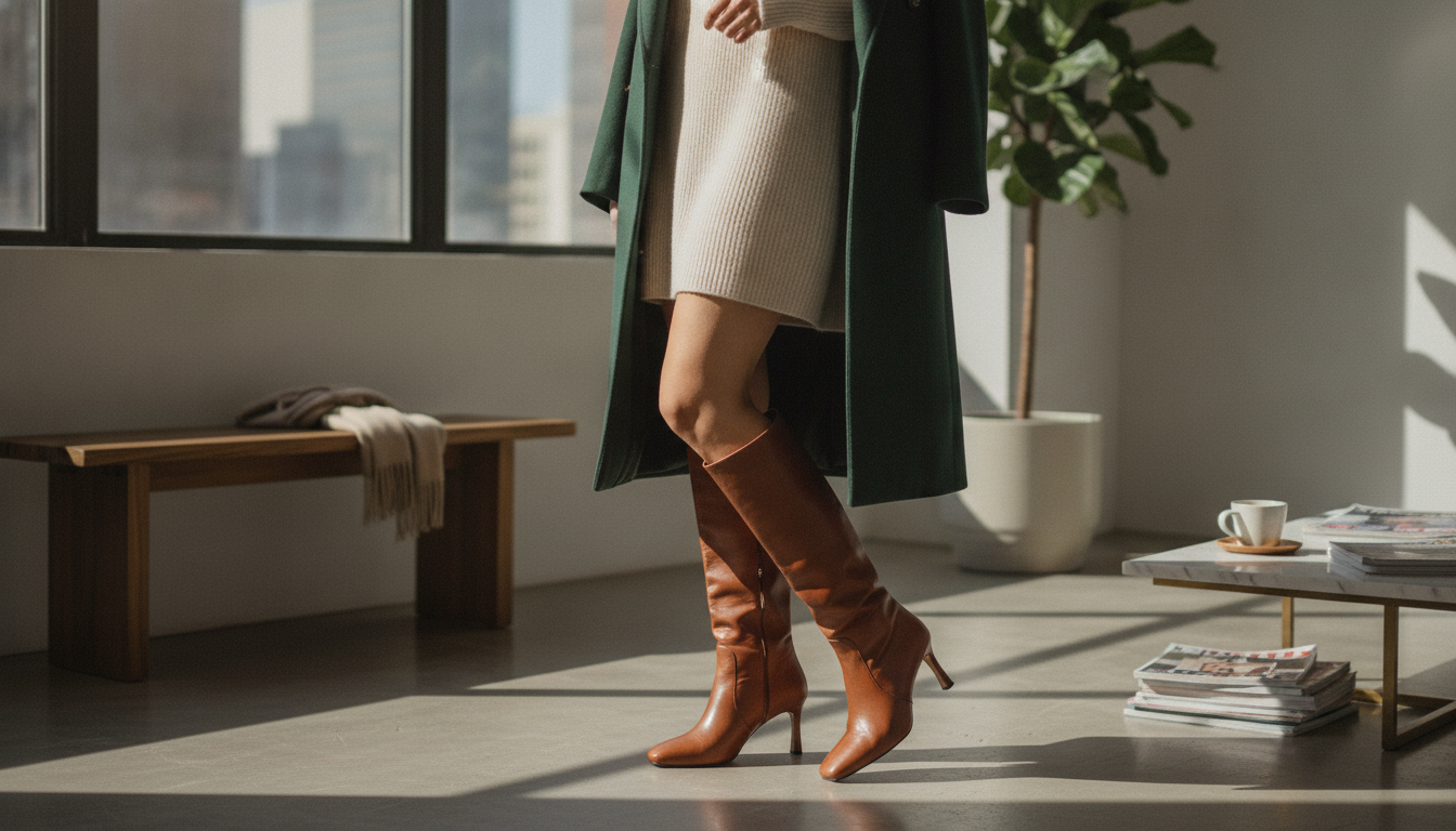 Brown Split Leather Knee-High Boots: High Thin Heel Fit
