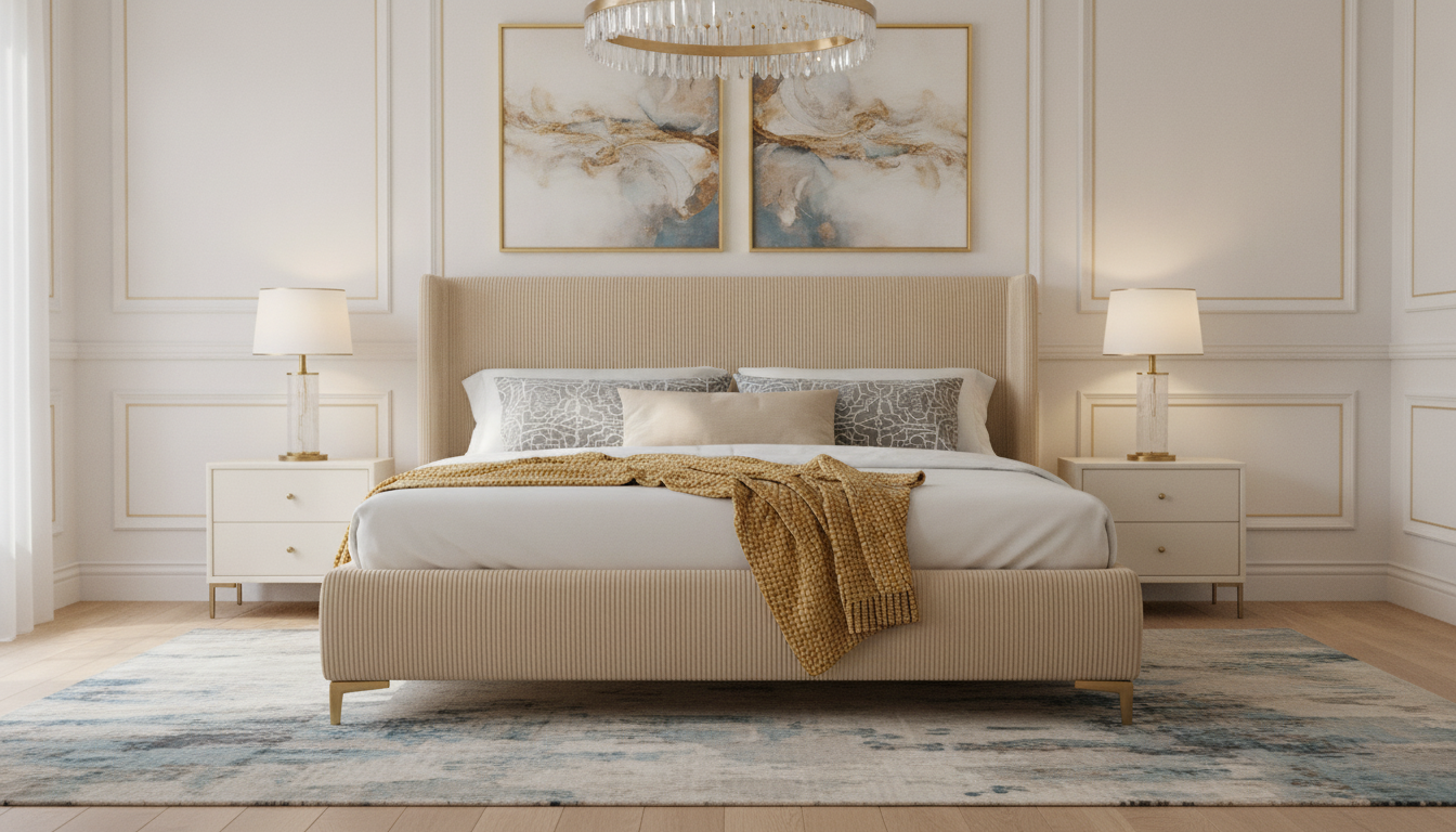 Corduroy Queen Platform Bed: Sleek Metal Legs, Cozy Style