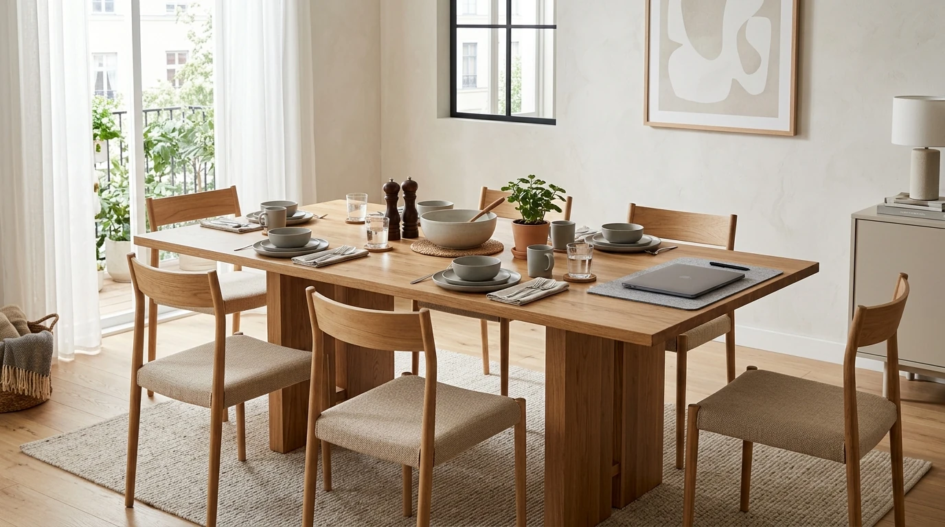 63-Inch Modern Wood Dining Table: Seats 6, Double Pedestal