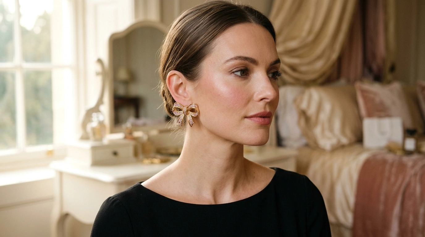 Gold Bow Clip-On Earrings: D&G Pink Crystal Shine