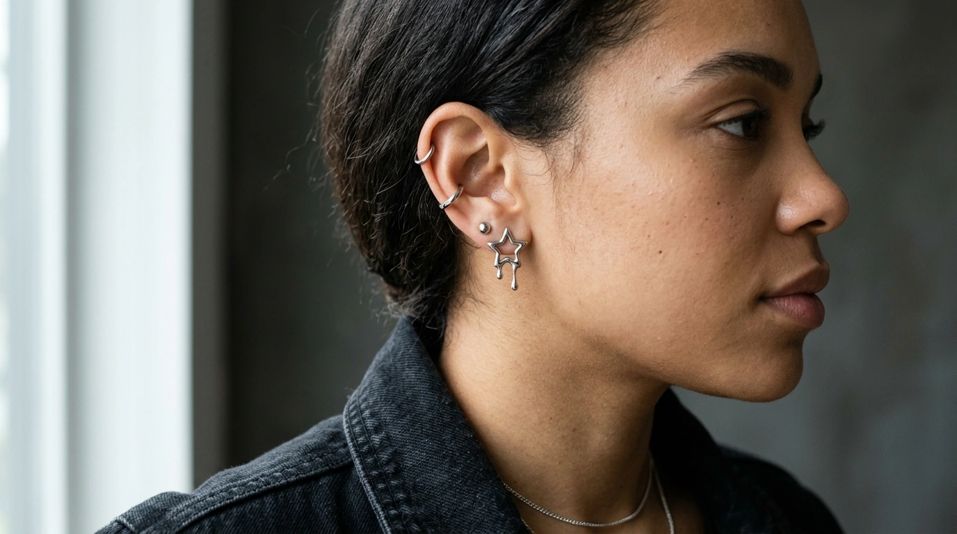 Liquid-Melt Pentagram Studs in Stainless Steel (Women)