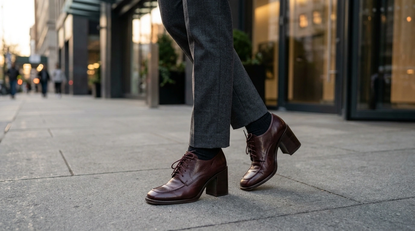 Square-Toe Leather Lace-Up Loafers with Chunky Heels