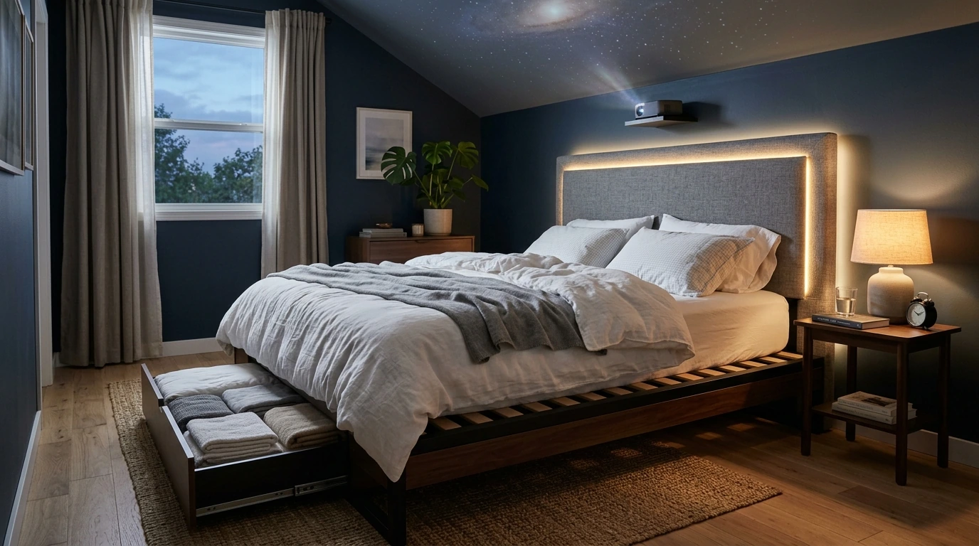 Queen LED Bed Frame: Galaxy Lights, Drawers & Tall Headboard