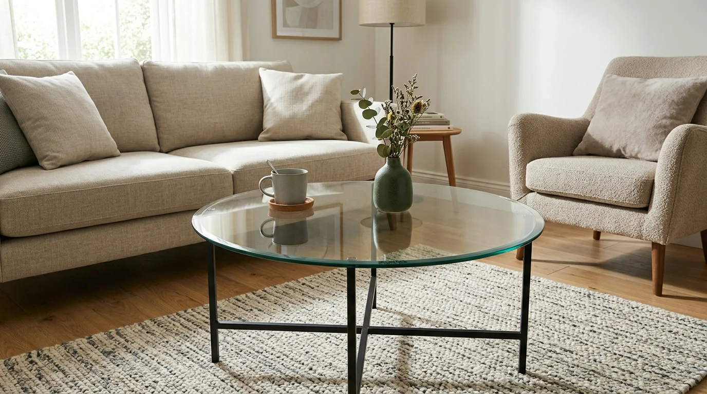Round Tempered Glass Coffee Table: Metal Legs & Tips