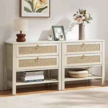 Boho White Rattan Nightstand Set (2) with Drawer & Shelf