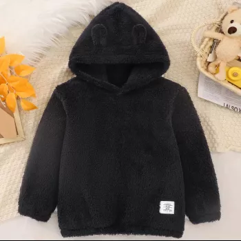 Black Plush Bear-Ear Hoodie for Boys: Cozy & Comfy