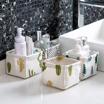 Waterproof Foldable Desk Basket with Handle (Cotton-Linen)